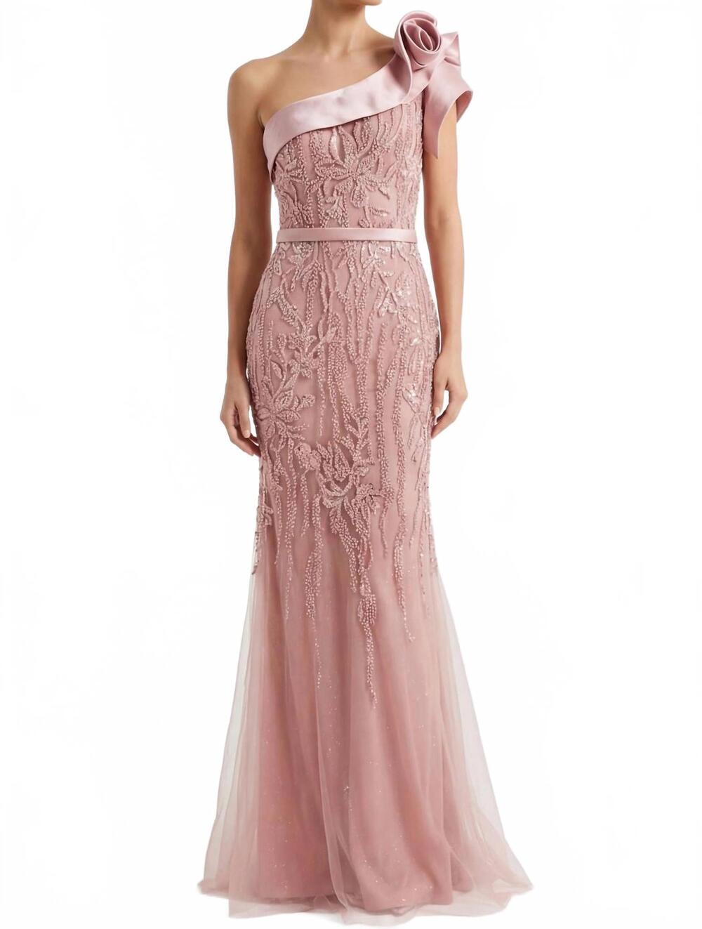 NEW JOVANI rosette accent one-shoulder beaded tulle gown in mauve